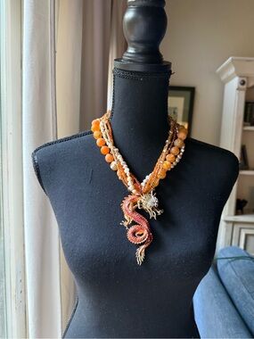 Statement Dragon Pendant Multi-Strand Necklace in Orange & Gold